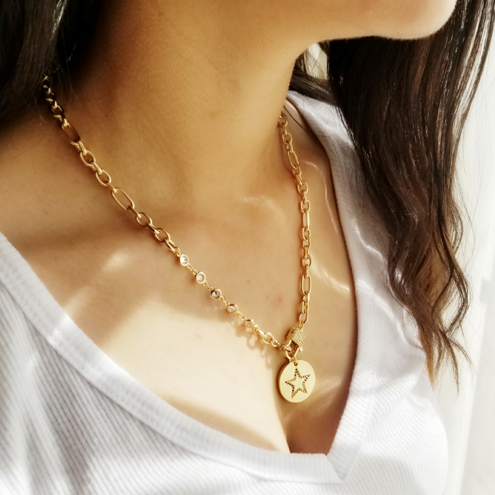 Trendsetting Gold Star Rainbow CZ Necklace NEW